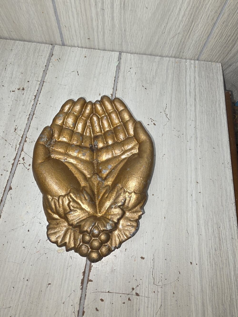 Vintage Brass? Metal Cupped Open Hands Trinket Dish Grape Leaf Detail